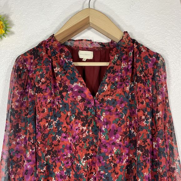 Melloday Floral Bouquets Ruffle Sleeve Fabric Quarter Button Blouse Sz XL Womens - Picture 2 of 13